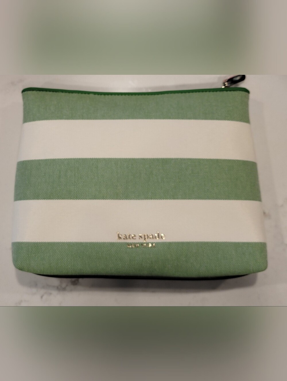 Kate Spade New York Cabana Canvas Green and White Striped Zippered Pouch NWT - Picture 2 of 3